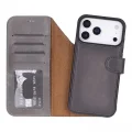 BUĞZ Apple iPhone 17 Pro için, Hakiki Deri, El Yapımı Cüzdanlı Kılıf, Magsafe ile uyumlu, İç Yüzeyi Kadife, Duman Gri