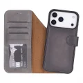 BUĞZ Apple iPhone 17 Pro için, Hakiki Deri, El Yapımı Cüzdanlı Kılıf, Magsafe ile uyumlu, İç Yüzeyi Kadife, Duman Gri