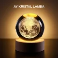 BUĞZ Ay Figürlü 3D Kristal Küre LED Gece Lambası Ahşap Standlı Dekoratif Lamba