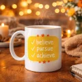BUĞZ Believe Pursue Achieve Yazılı Porselen Kupa MODEL 124 – Motive Edici Tasarım, İlham Veren Kahve & Çay Kupası, Özel Hediye