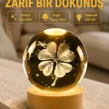 BUĞZ Bitki Temalı LED Işıklı Cam Küre Ahşap Standlı Modern Gece Lambası