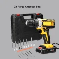 BUĞZ Çift Bataryalı Darbeli Şarjlı Matkap Seti – Metal Dişli, 24 Parça Aksesuar ve LED Işıklı