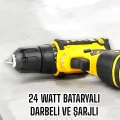 BUĞZ Çift Bataryalı Metal Dişli Darbeli Şarjlı Matkap Seti 24W Güç ve 24 Parça Aksesuar