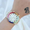BUĞZ Clariss Trend Gold Metal Kordonlu Zirkon Taş Kaplama Renkli Taşlı Kasa Tasarımlı Lüx Kadın Kol Saati ( BUĞZ )