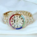  Clariss Trend Gold Metal Kordonlu Zirkon Taş Kaplama Renkli Taşlı Kasa Tasarımlı Lüx Kadın Kol Saati