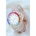  Clariss Trend Rose Metal Kordonlu Zirkon Taş Kaplama Renkli Taşlı Kasa Tasarımlı Lüx Kadın Kol Saati