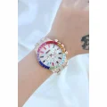  Clariss Trend Rose Metal Kordonlu Zirkon Taş Kaplama Renkli Taşlı Kasa Tasarımlı Lüx Kadın Kol Saati
