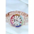  Clariss Trend Rose Metal Kordonlu Zirkon Taş Kaplama Renkli Taşlı Kasa Tasarımlı Lüx Kadın Kol Saati