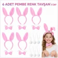BUĞZ Full Pembe Renk Tavşan Sahne Seti 6'lı Set Taç Papyon Kuyruk