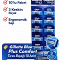 BUĞZ Gillette Blue 3 Plus Comfort Tıraş Bıçağı 10 Adet – 3 Bıçaklı Ergonomik Saplı Erkek Tıraş Bıçağı Seti