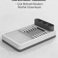 BUĞZ Gri Beyaz Mutfak Bulaşıklığı Tezgah Üstü Kurutmalık Tabaklık Organizer Standı