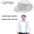  Gümüş Payetli Şapka ve Papyon Seti – Parıltılı Yetişkin Kostüm Seti