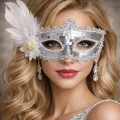 BUĞZ Gümüş Tüylü Payetli Lüks Taşlı Parti Maskesi