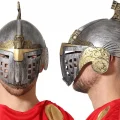  Gümüş Üzeri Altın Renk Oynar Başlıklı Romalı Bizans Kaskı Miğferi 25x20 cm