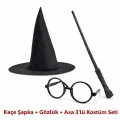 BUĞZ Harry Potter Tarzı Çocuk Seti (Siyah Keçe Şapka, Asa, Gözlük)