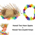 BUĞZ Hawaii Tarzı Tropikal Çiçekli Hasır Şapka Ve Çiçekli Hawaii Kolye