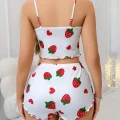BUĞZ Kadın Beyaz Çilek desenli Şortlu Pijama Takımı 5053