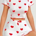 BUĞZ Kadın Beyaz kırmızı kalp Desenli şortlu Gecelik Takım 5023