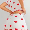 BUĞZ Kadın Beyaz kırmızı kalp Desenli şortlu Gecelik Takım 5023