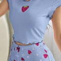 BUĞZ Kadın Çilek Desenli Bebe Mavi Seksi Gecelik Takım 5005