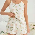 BUĞZ Kadın Ekru Çiçek Baskılı Şortlu Gecelik Pijama Takımı 5047