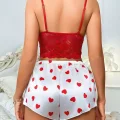 BUĞZ Kadın Kırmızı Kalp Desenli Şort Askılı Dantel Üst Pijama Takımı 2218
