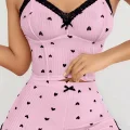BUĞZ Kadın Pembe Kalp Desenli Askılı Şortlu Pijama Takım 5013