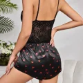 BUĞZ Kadın Siyah Kırmızı Kalp Desenli Saten Şort Pijama Takımı 2232
