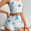 BUĞZ Kadın Beyaz Mavi Kalp Desenli Askılı Şortlu Pijama Takım 5043