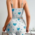 BUĞZ Kadın Beyaz Mavi Kalp Desenli Askılı Şortlu Pijama Takım 5043