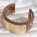 BUĞZ Kahverengi Mermer Desen Akrilik Platik Gold Dikdörtgen Plaka Model Vintage Kadın Bilezik - Lisinya