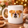 BUĞZ Kalpli Gözlüklü İngiliz Bulldog Tasarımlı Porselen Kupa Model 52 – Sevimli Köpek Desenli Kahve & Çay Kupası