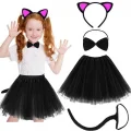 BUĞZ Kedi Kulak Taç Etek Kuyruk ve Papyon 4 lü Set Çocuk Fuşya