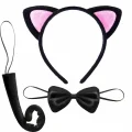 BUĞZ Kedi Kulak Taç Kuyruk ve Papyon 3 lü Set Çocuk Boy Pembe Renk