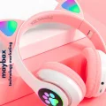 BUĞZ Kedili pembe kulak üstü kulaklık stereo ses ANC mikrofon FM radyo SD kart RGB ışık