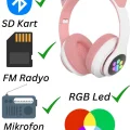 BUĞZ Kedili pembe kulak üstü kulaklık stereo ses ANC mikrofon FM radyo SD kart RGB ışık