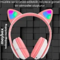 BUĞZ Kedili pembe kulak üstü kulaklık stereo ses ANC mikrofon FM radyo SD kart RGB ışık