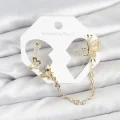 BUĞZ Kelebekli Model Pirinç Gold Renk Zincir Bağlantılı Ear Cuff Küpe Seti