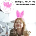  Kenarları Dantelli Fuşya Pullu Payetli Led Işıklı Tavşan Kulak Taç 23x19 cm