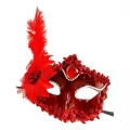  Kırmızı Güllü ve Tüylü Venedik Maskesi