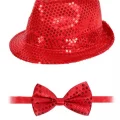 BUĞZ Kırmızı Payetli Şapka Ve Papyon Seti – Parıltılı Yetişkin Kostüm Seti