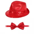  Kırmızı Payetli Şapka ve Papyon Seti – Parıltılı Yetişkin Kostüm Seti