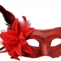  Kırmızı Renk Metalize Sim Görünümlü Parlak Tüylü Parti Maskesi 22x19 cm