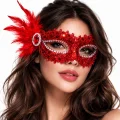 BUĞZ Kırmızı Taşlı Venedik Parti Maskesi – Tüylü Payetli
