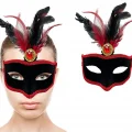 BUĞZ Kırmızı Tüylü Siyah Süet Kaplama Parti Maskesi