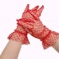 BUĞZ Kısa Boy Güpürlü Kırmızı Puantiyeli Tül Eldiven Kırmızı Renk - Lisinya