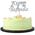 BUĞZ Kızım 1 Yaşında Yazılı Pasta Süsü Gümüş Renk
