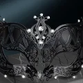  Kristal Gümüş Taşlı Siyah Renk Lazer Kesim Metal Lüks Maske Balo Parti
