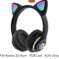 BUĞZ Kulak üstü Bluetooth 5.0 gri kedili kulaklık mikrofonlu FM radyo SD kart AUX RGB ışıklı