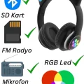BUĞZ Kulak üstü Bluetooth 5.0 gri kedili kulaklık mikrofonlu FM radyo SD kart AUX RGB ışıklı